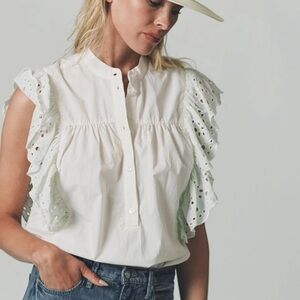 The Shirt Sleeveless Scarlett Cotton Top White green  Button Front Eyelet